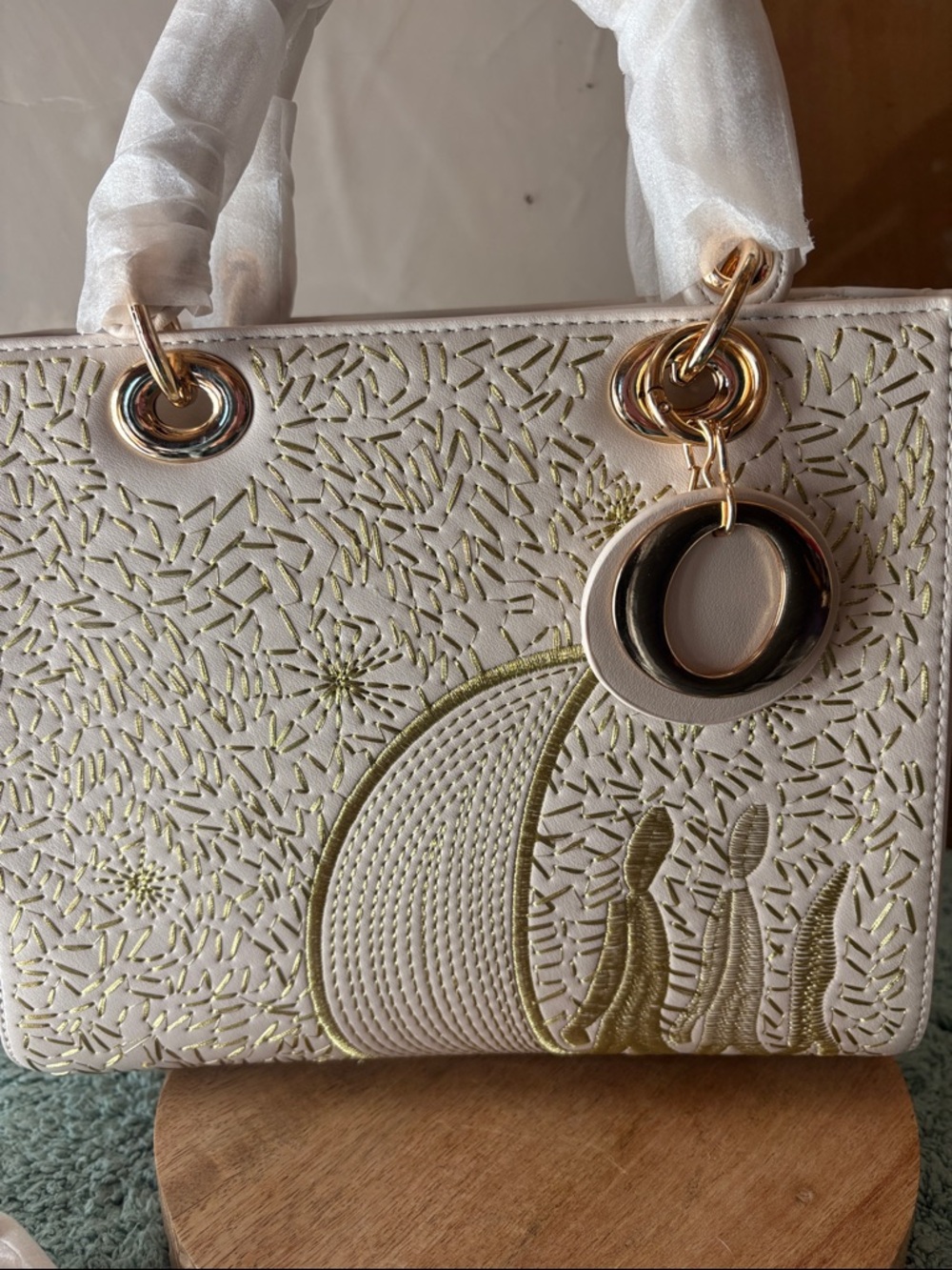 Ivory Hand-Embroidered Satchel with Gold Accents